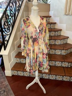 O.P.T. Floral Mini Dress with ruffle sleeves and tie waist in size S