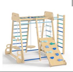 Indoor Playground 9-in-1 Jungle Gym Kids Climbing Toys, Montessori Philosophy Waldorf Style Wooden C