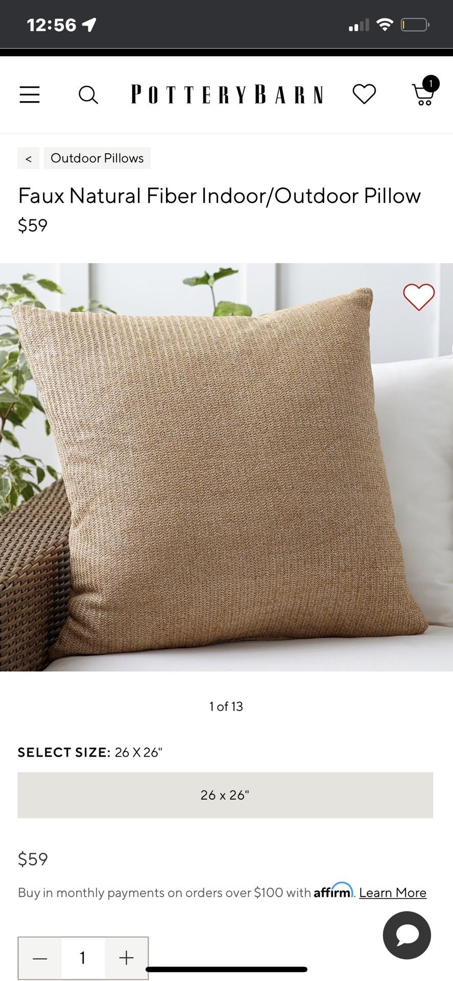 Pottery Barn Faux Natural Fiber Indoor/Outdoor Pillow