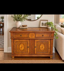 Four pieces of walnut Tables/Sideboard with inlay. Some minor wear and tear. Originally purchased at Ashley furniture