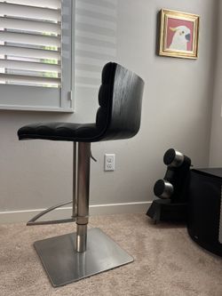 Black Faux Leather with Brushed Stainless Steel Finish and Black Veneer Back Adjustable Swivel Bar Stool
