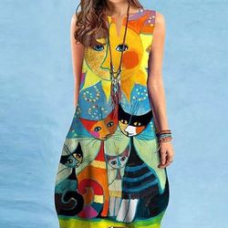 Cats Abstract Print Color-Block Notched Neck A-Line Summer Chic Women's Dress