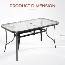 Patio 30"X 55" Rectangular Glass Table with 1.69″ Umbrella Hole Outdoor Dining Table for 6, with Powder-coated Metal Frame, 5mm Thickened Glass, 220LB