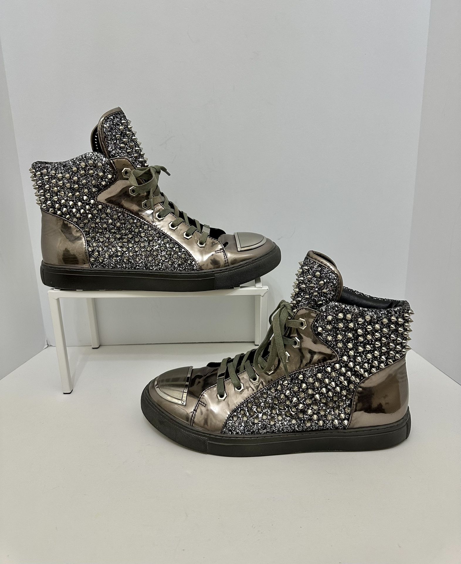 Moretti Black Label Hi Top Shoes Silver Metallic With Spikes Studs