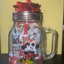 Disney Mickey Mouse & Minnie Mouse Glass Tumbler Mason Jar Lid & Straw 21 oz