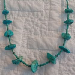 Vtg.1960's Native Sterling Silver  Turquoise Chunks& Turquoise Heishi Beads Necklace-20 In.