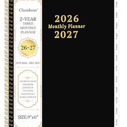 2026-2027 Monthly Planner, 2 Year Planner, Colander. 9”X11”, Tabs, Double Sided Pocket, Good Quality Paper. 