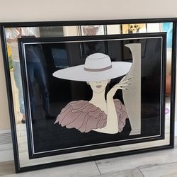 Art Deco 1986 Signed and Numbered (29 of 99) Fara Zareey, Mysterious Woman, Framed and Mirrored on Acrylic