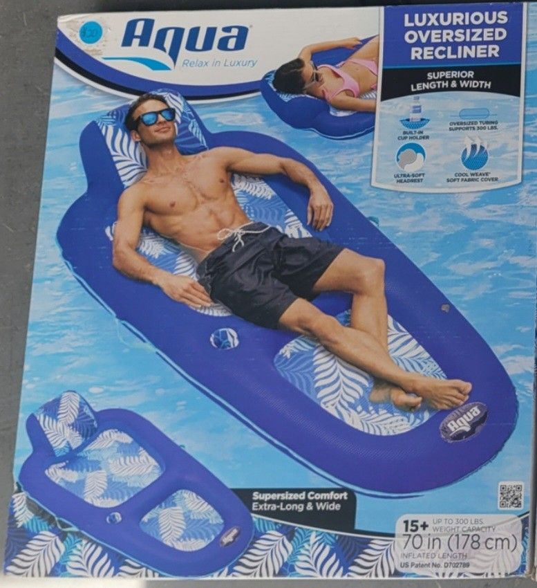 Aqua 2-in-1 Oversized Tanner & Recliner for Adults, Pool Float, Blue