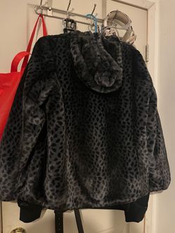 Fur Hooded Jacket Leopard Print