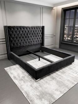 Eastern KING SIZE Black Velvet Headboard, Bed Frame & Mattress (needs box spring) Delivery Available