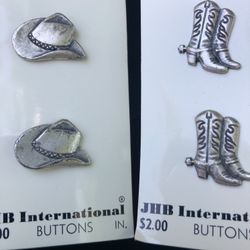 NIP Vintage JHB International Washable/Cleanable Pewter Cowboy Boots and Hats Pewter Buttons.  Made in Italy 