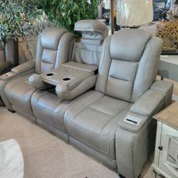 Genuine Leather Grey Power Reclining Sofa