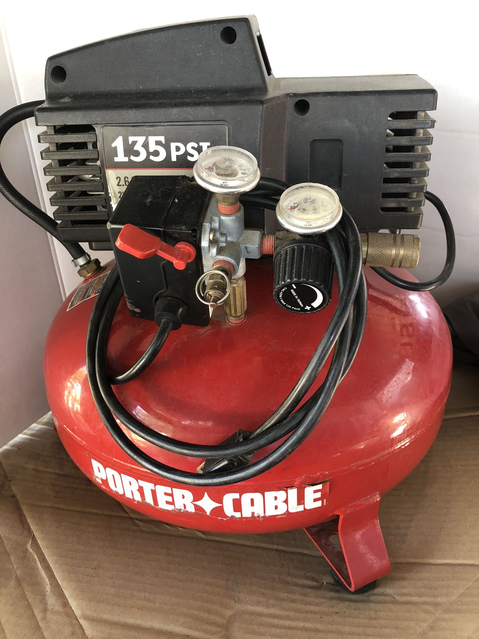 Air Compressor Porter Cable 6-Gallon, 135 PSI Pancake Air Compressor. In exellent working condition. Comes exactly as shown in the pictures.