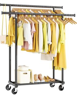 Double Rods Clothes Rack, Rolling Clothing Rack for Hanging Clothes Portable Wardrobe, Metal Garment Rack Sturdy Coat Rack for Bedroom Laundry Living