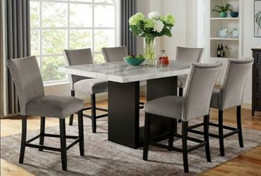 Brand New Black, White & Grey 7pc Counter Height Dining Table Set w Marble Top