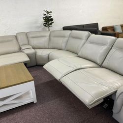 Furniture- 6 Pc 100% Real Semi Aniline Leather Sectional With 3 Power Recliners- Lenardo