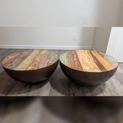 Pair of VidaXL Industrial Bowl Coffee Tables - Reclaimed Wood & Steel
