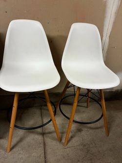 White Modern Bar Stools with Wood Legs – Set of 2