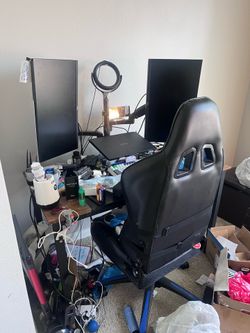 Desk with dual monitor, chair, accessories
