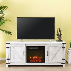 58 in. Saw Cut-Off White TV Stand for TVs up to 65 in. with Electric Fireplace