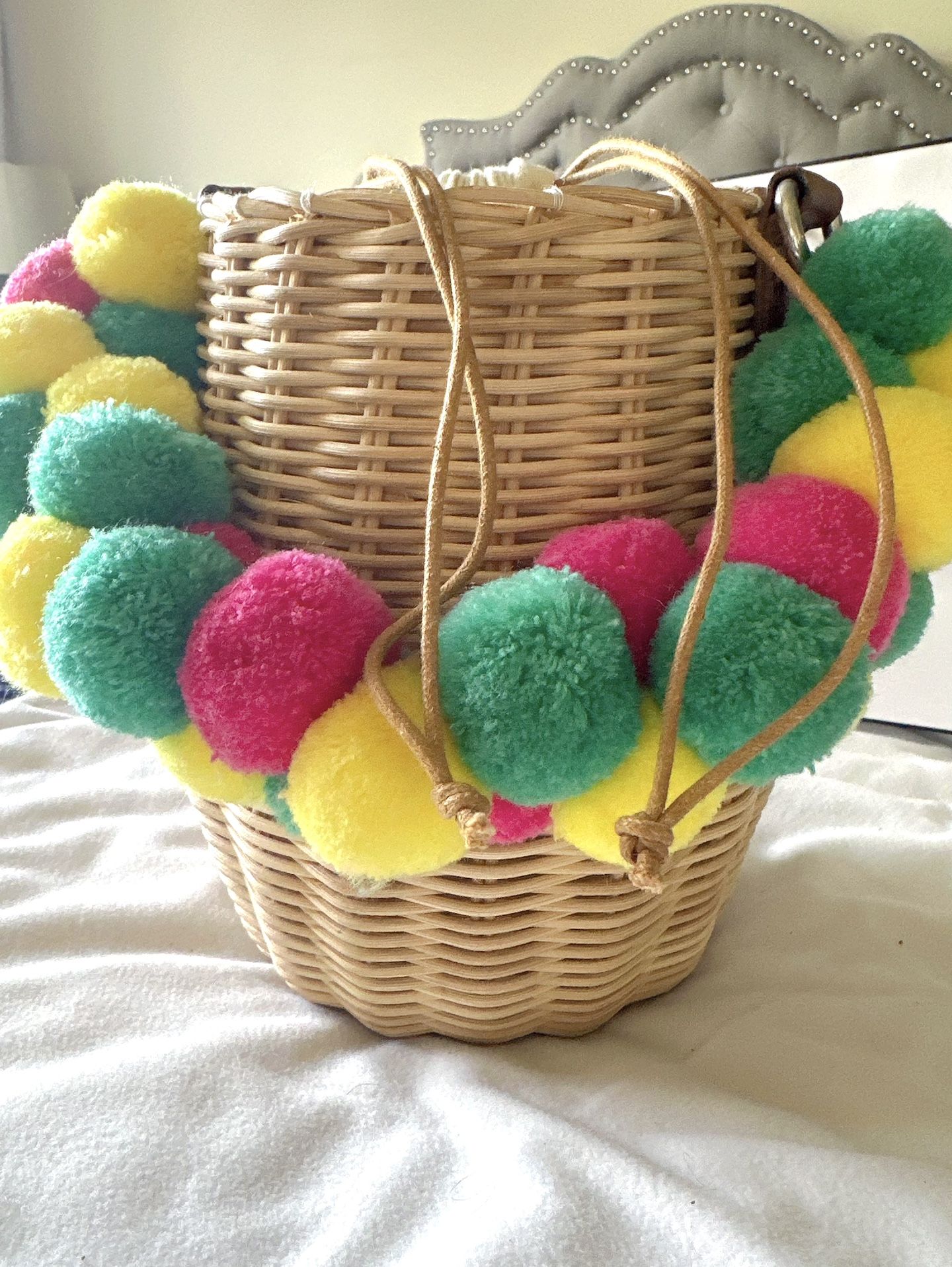 Woven Wicker Bag With Pom Pom Handle