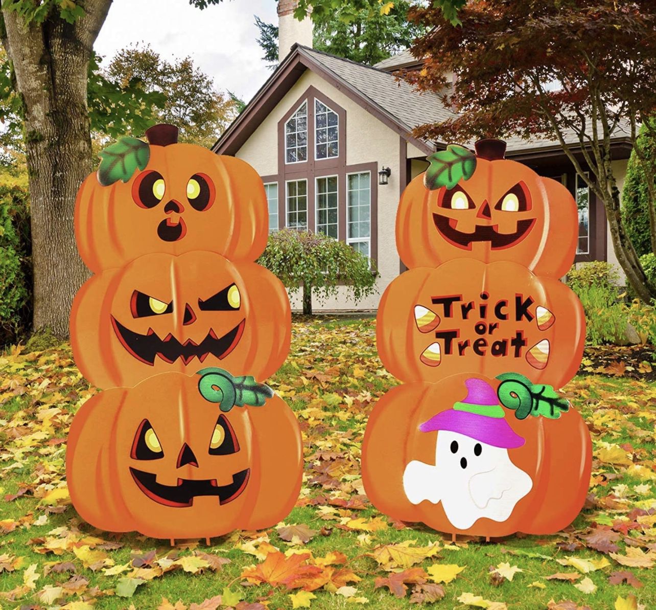 2 Stacked Metal Halloween Lawn Yard Stake Signs for Outdoor Decorations, Pumpkin & Ghost Home Decor,