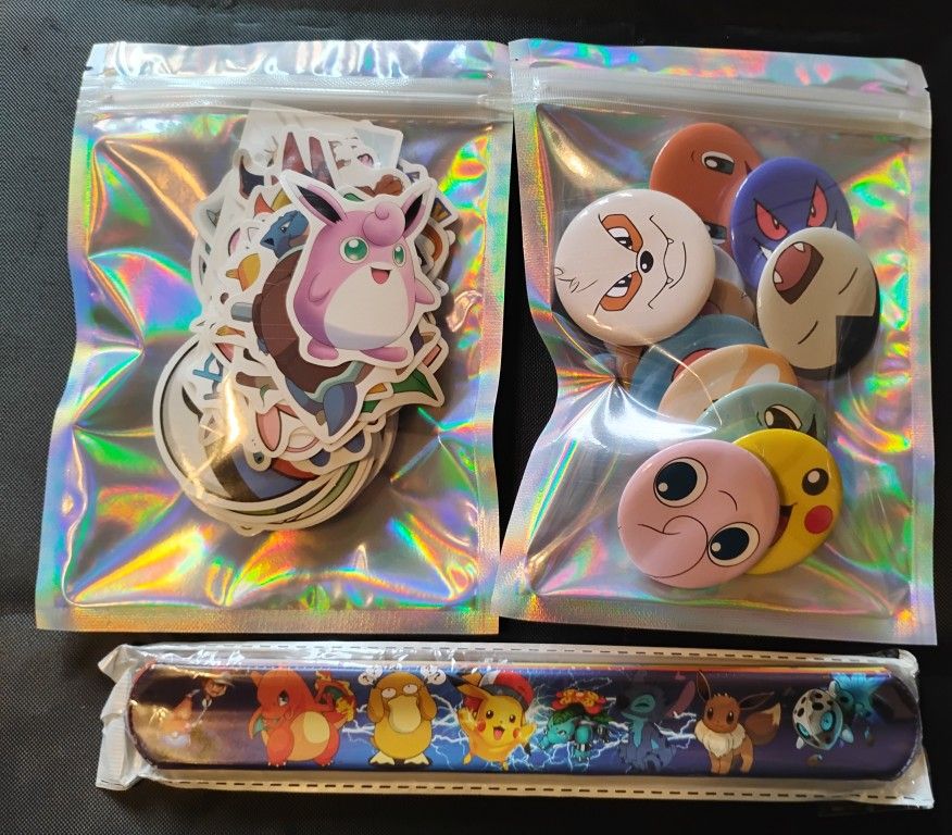 Pokemon Stickers,Snap On Bracelets,Pins lot of 124
