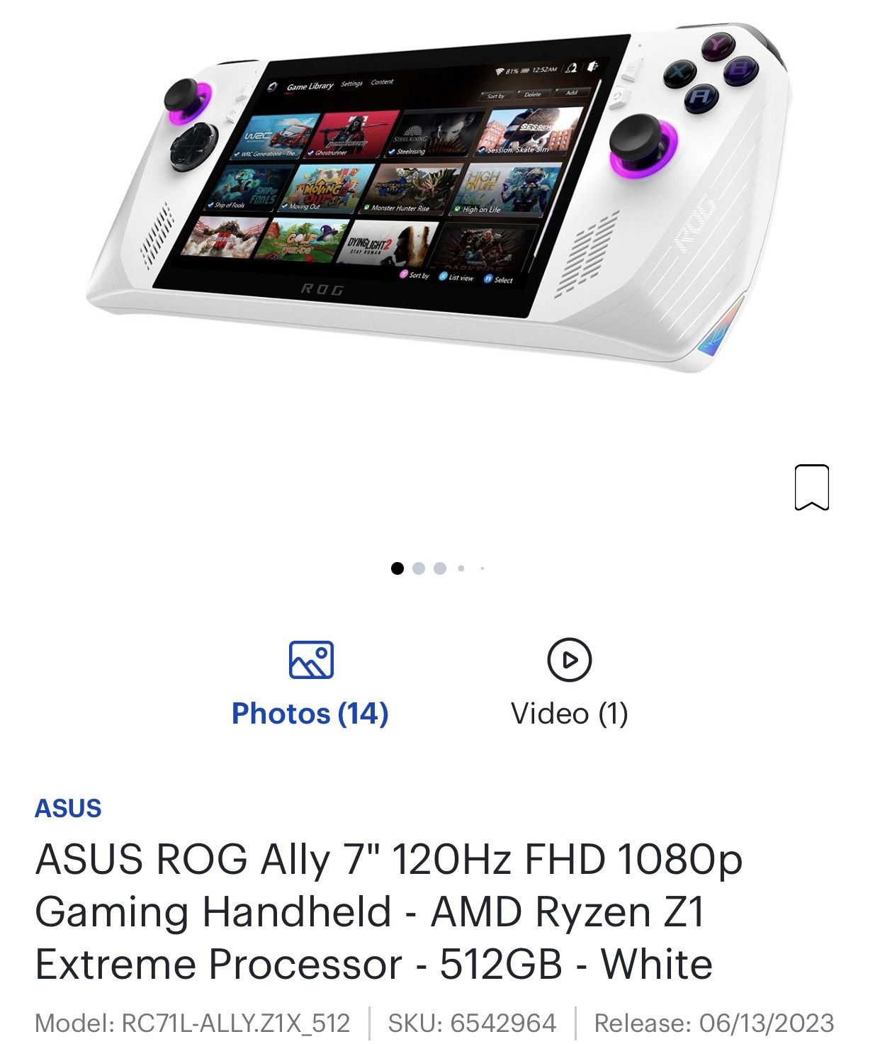 Products New ASUS ROG Ally 7 120Hz FHD 1080p Gaming Handheld AMD Ryzen Z1  Extreme Processor 512GB White RC71L-ALLY.Z1X_512 