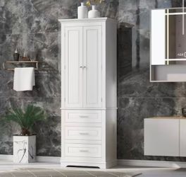 70" H White Tall Storage Cabinet with Adjustable Shelves Bathroom Cabinet Wooden Cabinet with 3 Draw