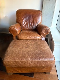 Leather chair and ottoman brown worn in very comfortable