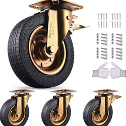 Casters Set of 4 Heavy Duty 8 Inch Plate Swivel Industrial Solid Rubber Caster Wheels for Furniture Cart Workbench Outdoor Castors Dual Locking Replac
