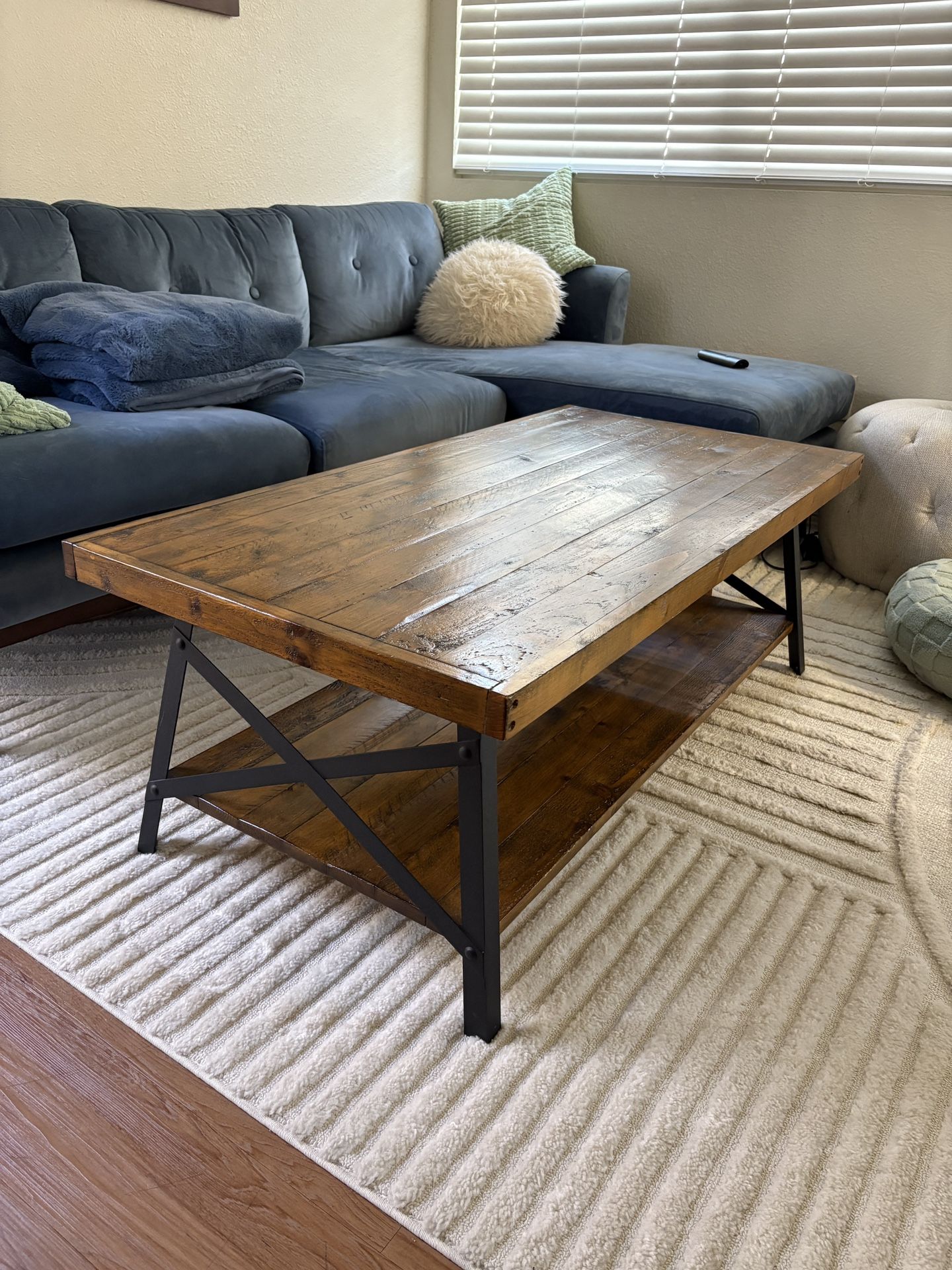 Solid Wood & Black Metal Coffee Table