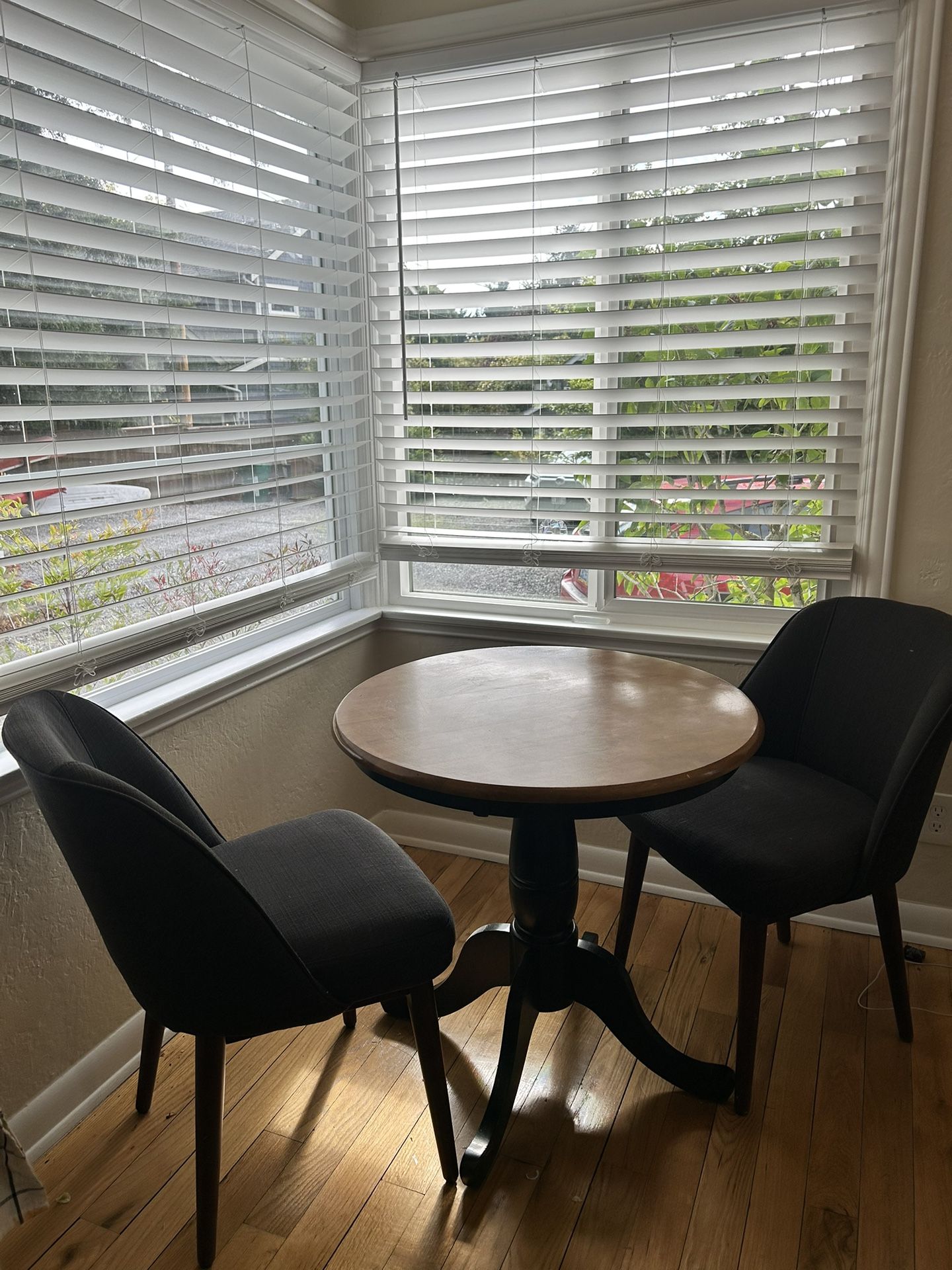 Round Bistro Table + 2 Upholstered Chairs