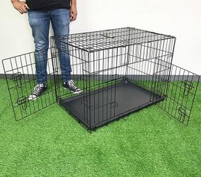 (Brand New) $50 Double Door 36” Dog Crate Kennel Metal Folding Pet Cage Plastic Tray, 36x23x25 Inches
