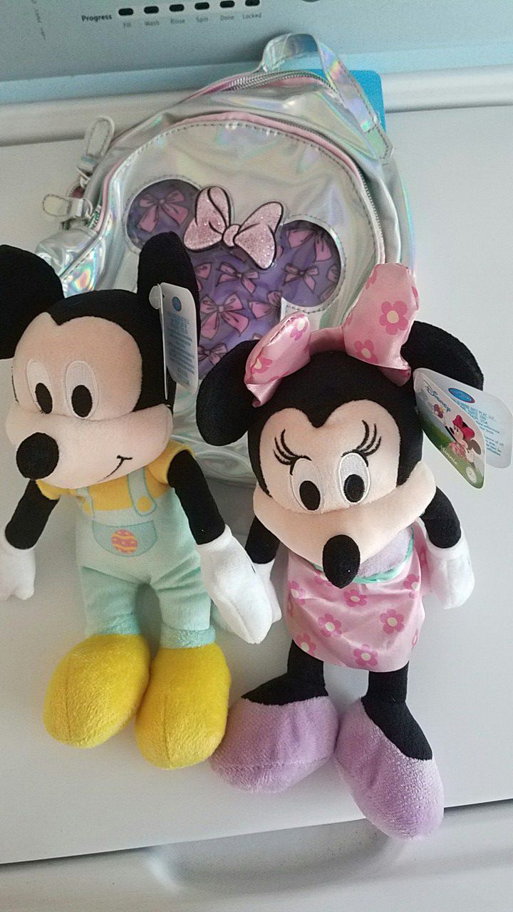 New Minnie mouse mini backpack and Minnie and Mickey mouse stuffed dolls animals toys