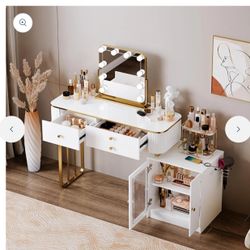 Vanity Table, Retractable Makeup, With LDE Mirror And 2 Spacious Drawers, Vanity Desk With Cabinet, Dressing Table With Shelf, With 3-Section