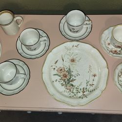 Eclectic Rustic Floral Set, Six Cups And Saucers, Plate, Sugar Bowl And Creamer