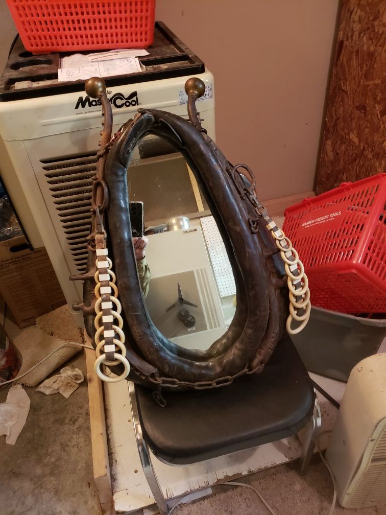 Western vintage horse collar mirror. With fancy celloid rings