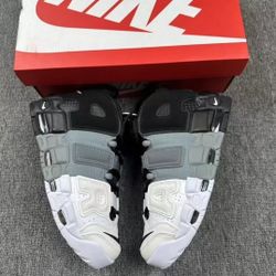 Nike Air More Uptempo tri-color Pippen Big air High Top Retro Basketball Shoes Unisex White Gray Black