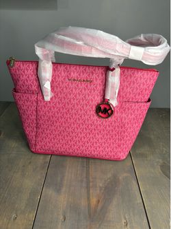 Michael Kors Jet Set Pink East West Medium Top Zip Signature Logo Leather Tote