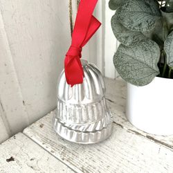 Vintage Jello Mold Silver Christmas Bell Repurposed Holiday Decor Red Ribbon 