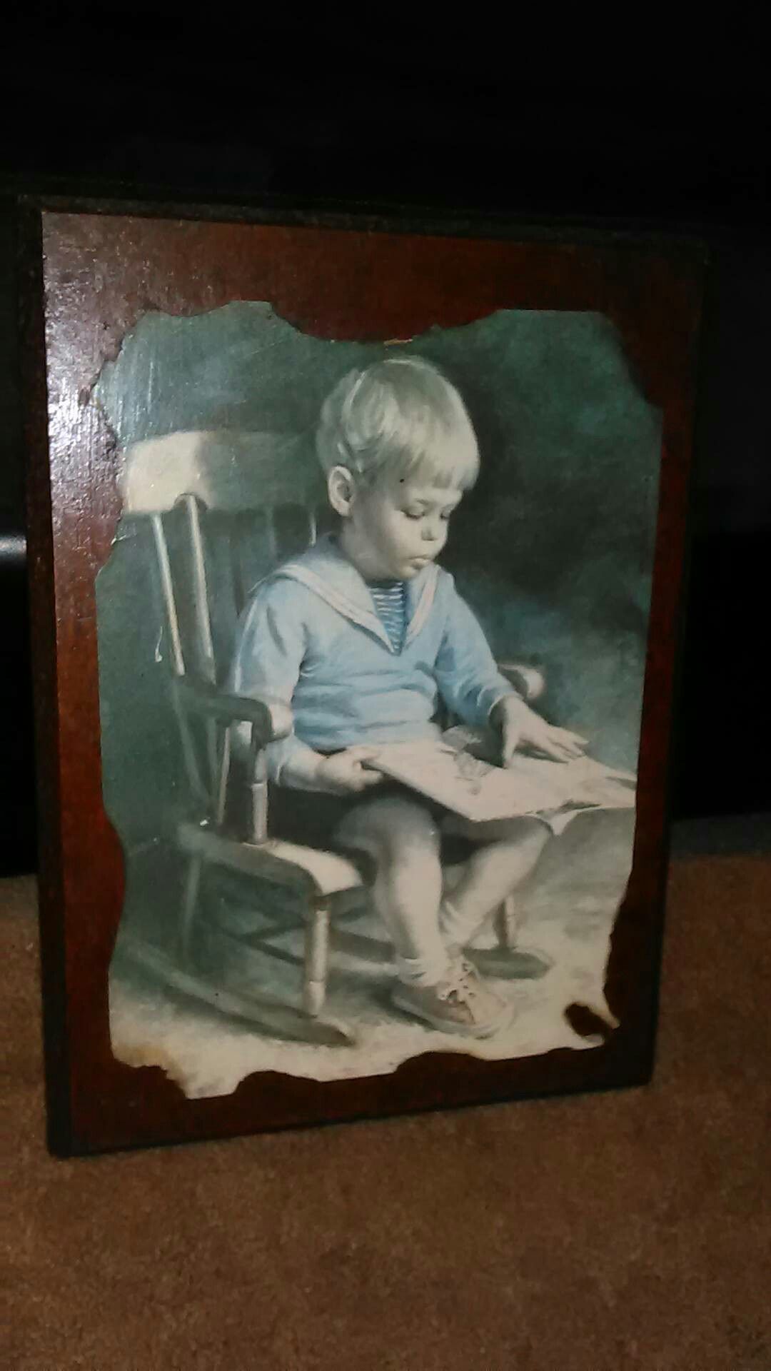 Vintage Wooden Picture* little boy reading