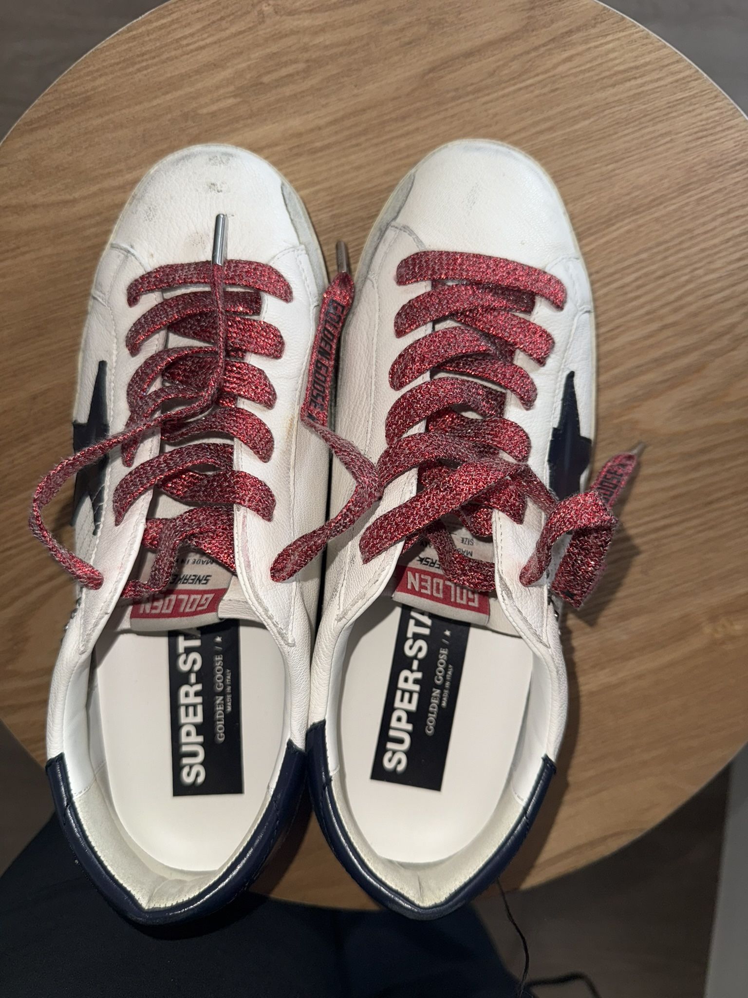 Golden Goose Superstar Sneakers – White with Red Glitter Laces, Size 9.5