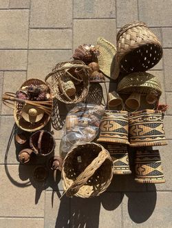 Vintage Woven Basket & Wood Decor Lot — 15+ Pieces, Boho/Tribal Style