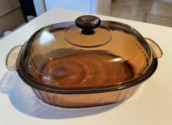 Vintage Corning Visions Visionware Amber Brown Glass 4 Litre Dutch Oven Stock Pot Made in the USA - Ovale Casserole Dish Roaster 4L With Lid  No Chips