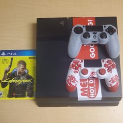 Playstation 4 With Wires , Two Controllers, And Cyber Punk Game