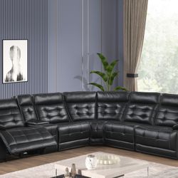 Modern Black Leather Power Reclining Sectional Sofa with LED,  & USB Ports