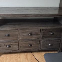 Wood media console with shelves
