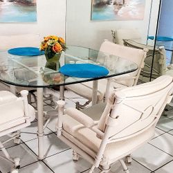 Deal Of The Day - Dining Table 4ft Thick Glass And 4 Premium Swivel, Roll, Rocking Chairs